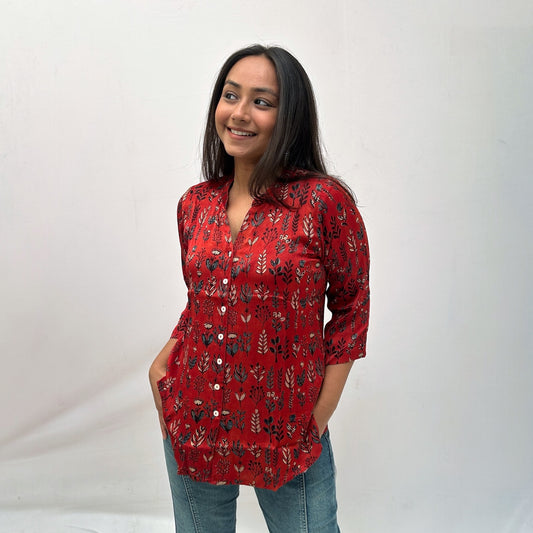 Ajrakh Red Floral Modal Silk Shirt