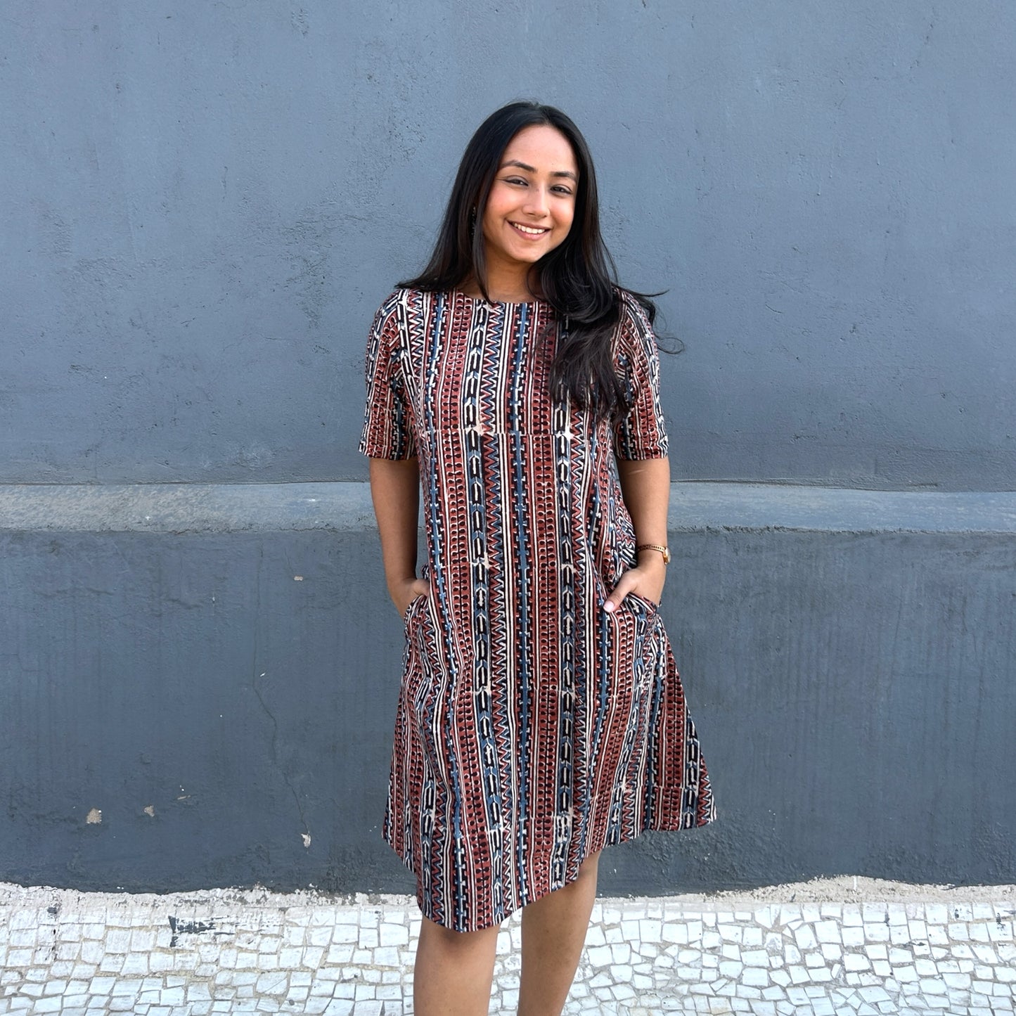 Kalamkari Multicolour Geometric Hand Block Printed Short Dress