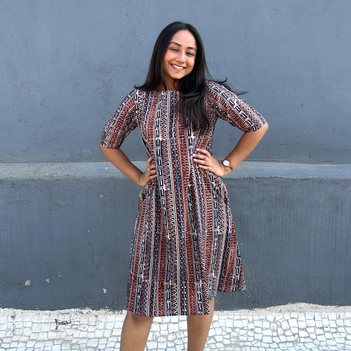 Kalamkari Multicolour Geometric Hand Block Printed Short Dress