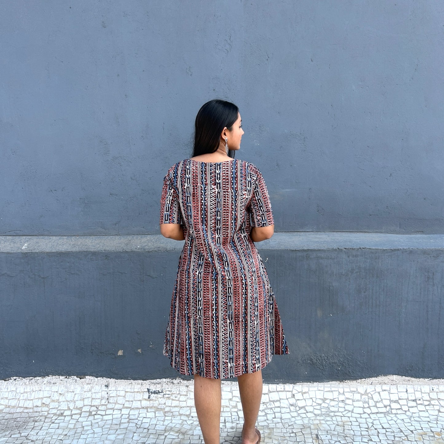 Kalamkari Multicolour Geometric Hand Block Printed Short Dress