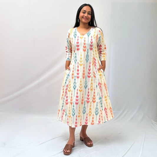 Cotton Ikkat Cream Handloom Dress