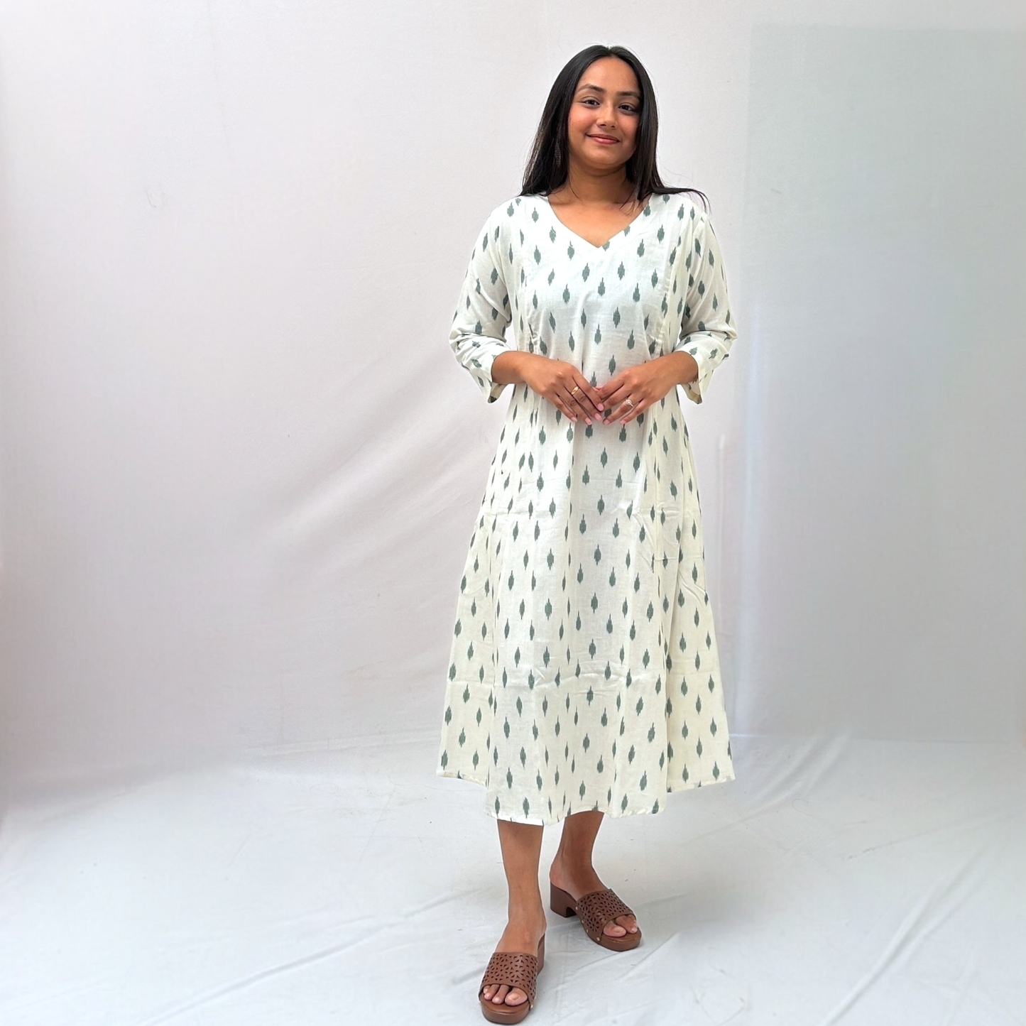 Cotton Ikkat Cream Handloom Dress