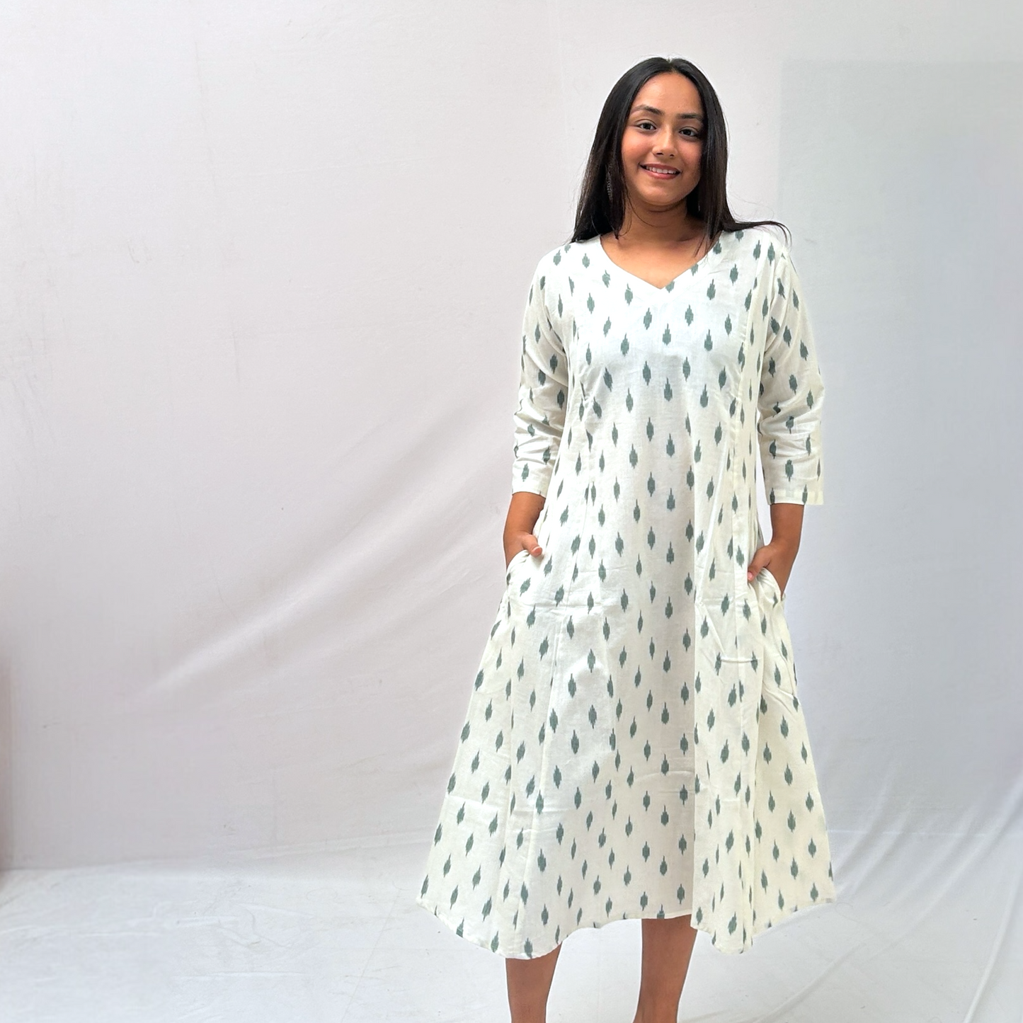 Cotton Ikkat Cream Handloom Dress
