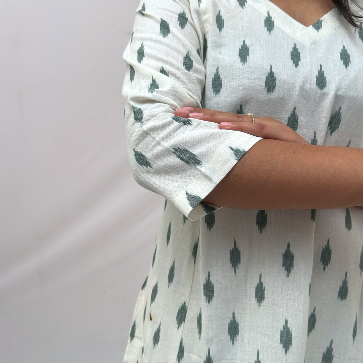 Cotton Ikkat Cream Handloom Dress