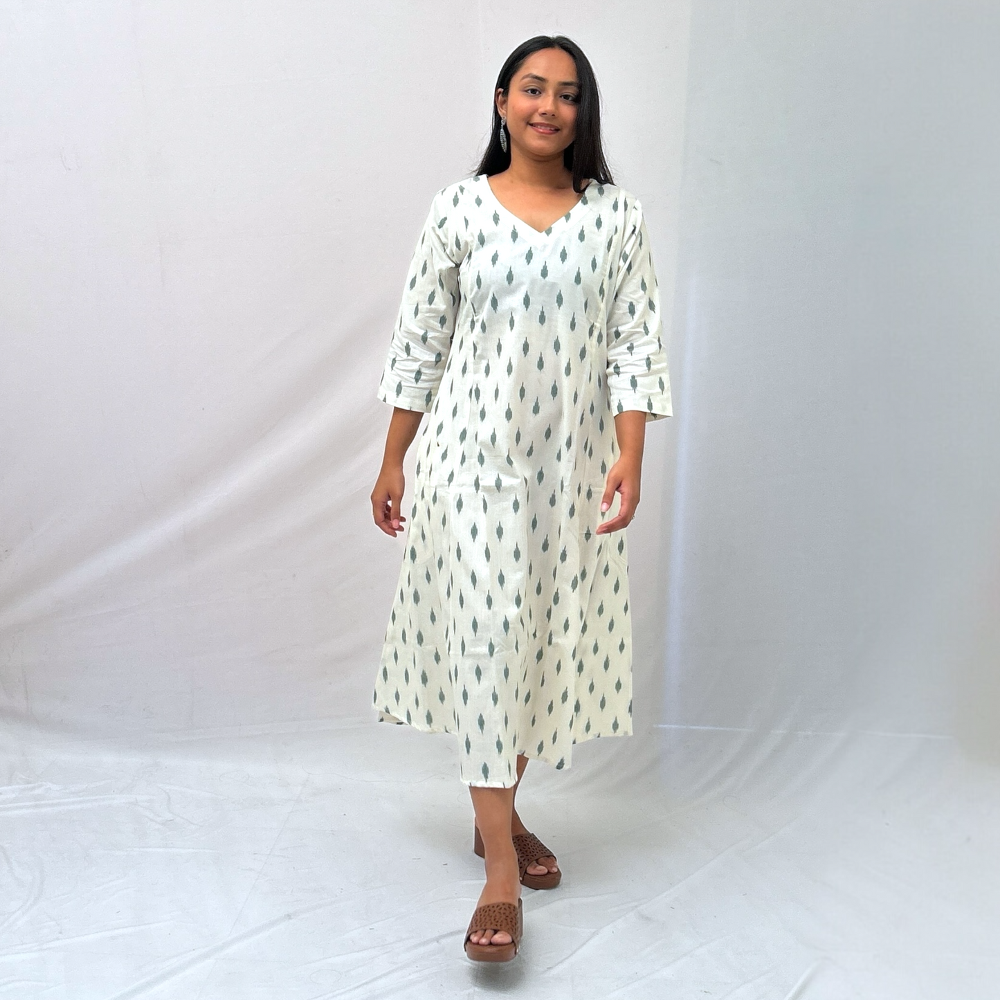 Cotton Ikkat Cream Handloom Dress