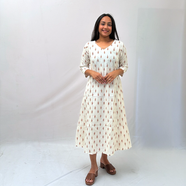 Cotton Ikkat Cream Handloom Dress