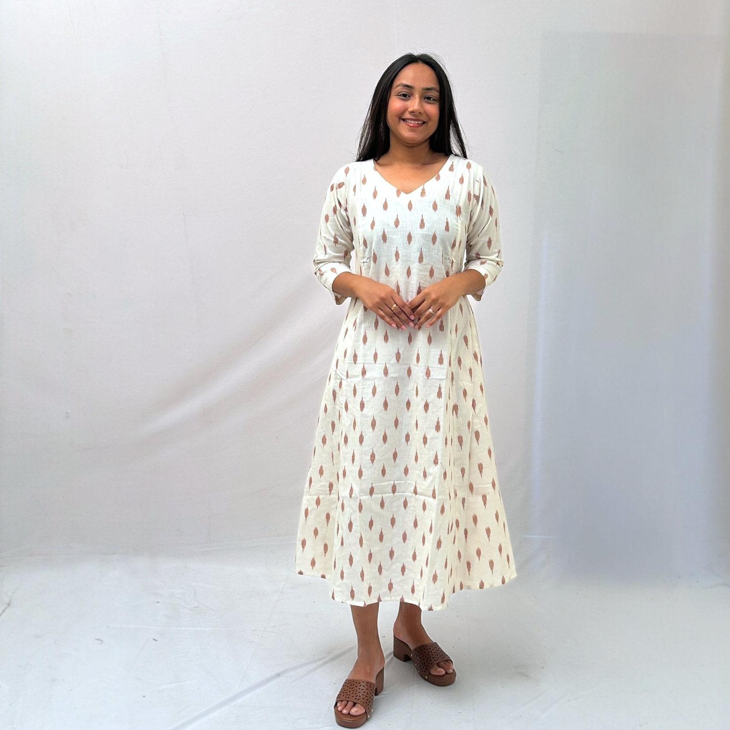 Cotton Ikkat Cream Handloom Dress