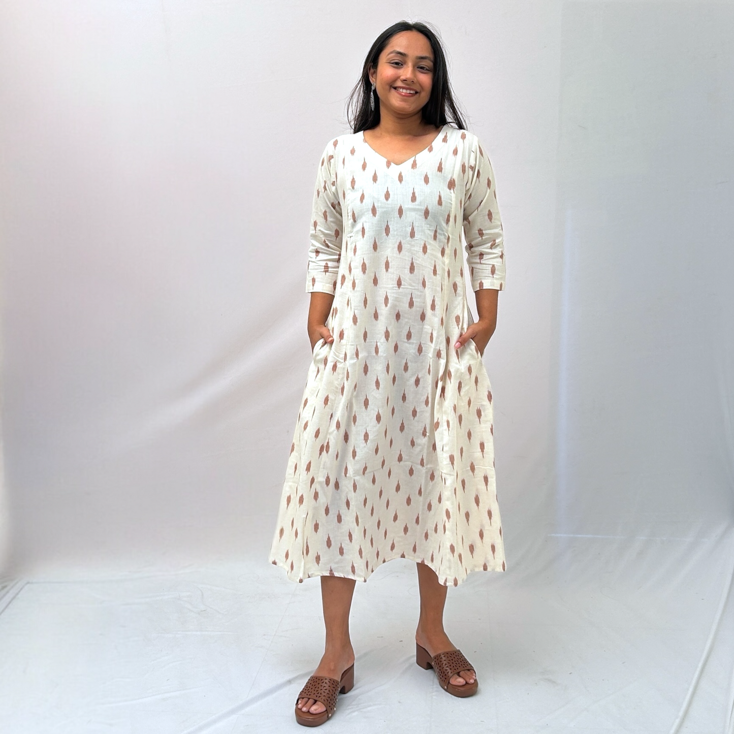 Cotton Ikkat Cream Handloom Dress