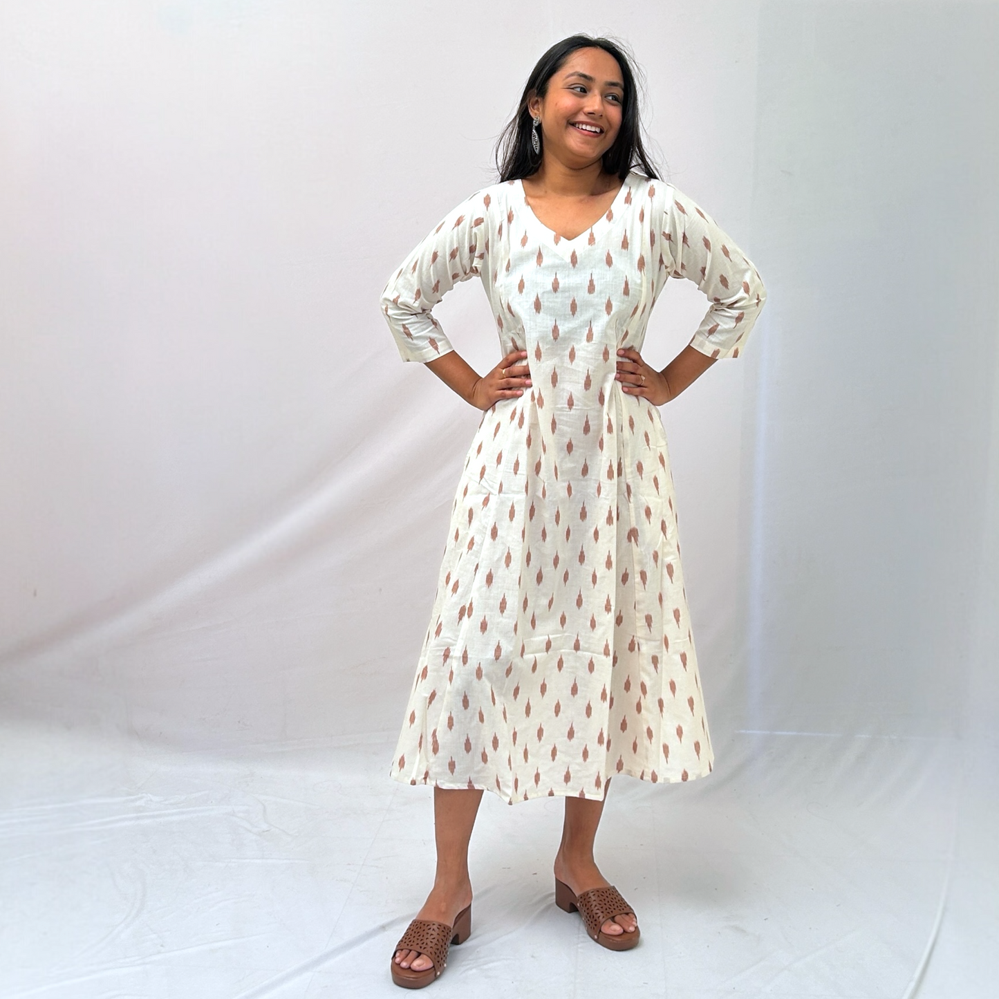 Cotton Ikkat Cream Handloom Dress