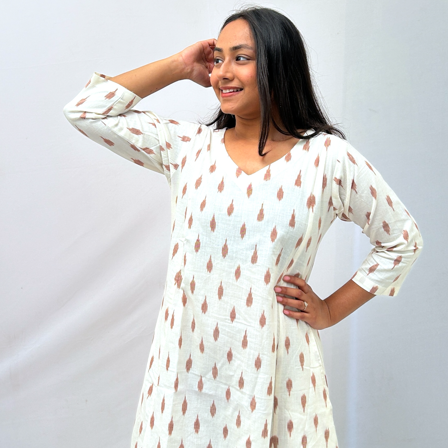 Cotton Ikkat Cream Handloom Dress