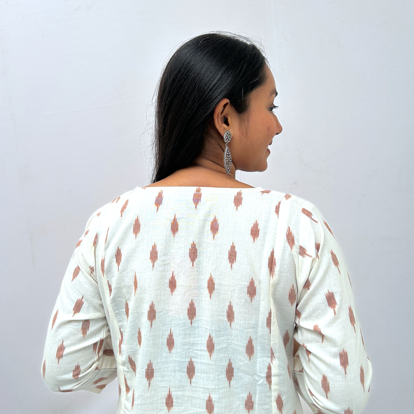 Cotton Ikkat Cream Handloom Dress