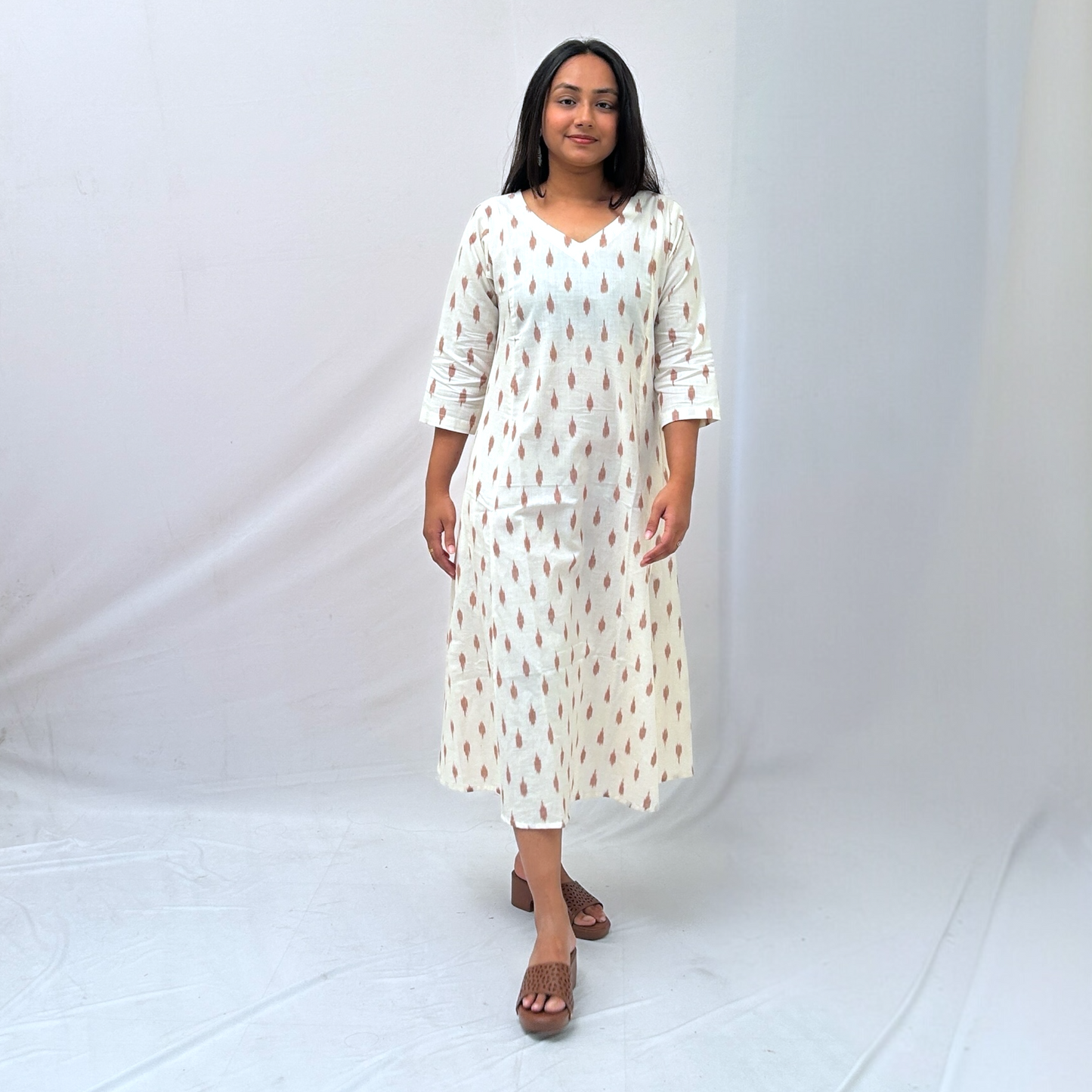 Cotton Ikkat Cream Handloom Dress
