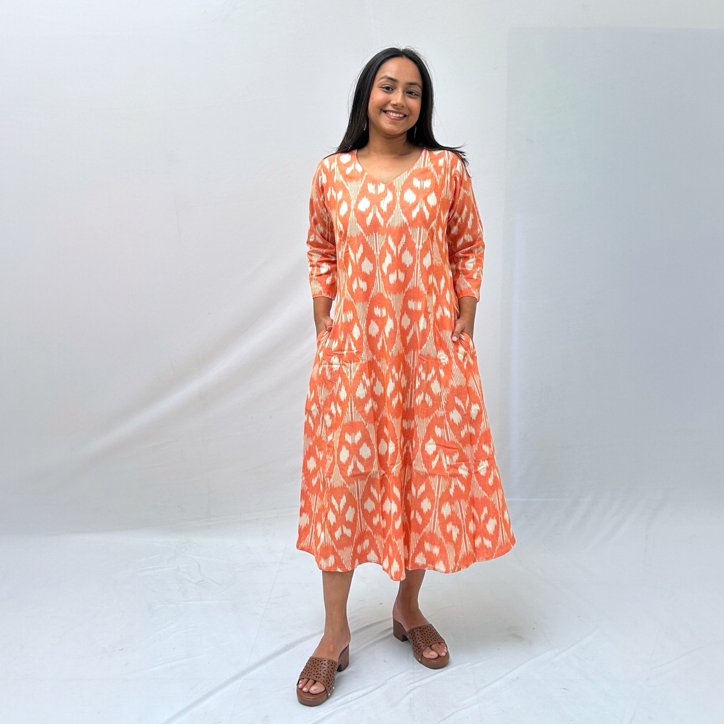 Cotton Ikkat Orange Handloom Dress