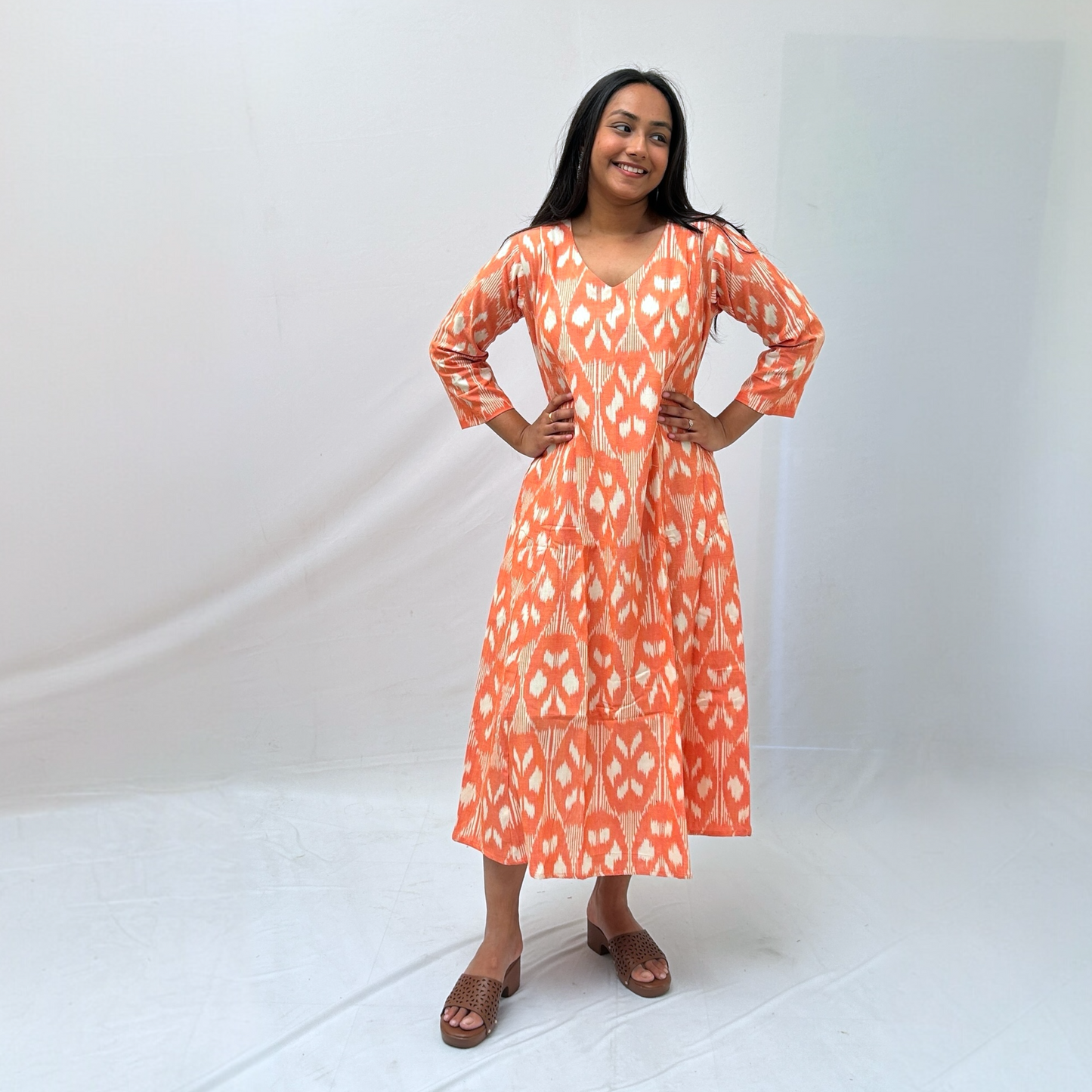 Cotton Ikkat Orange Handloom Dress