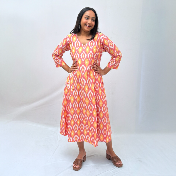 Cotton Ikkat Pink Handloom Dress