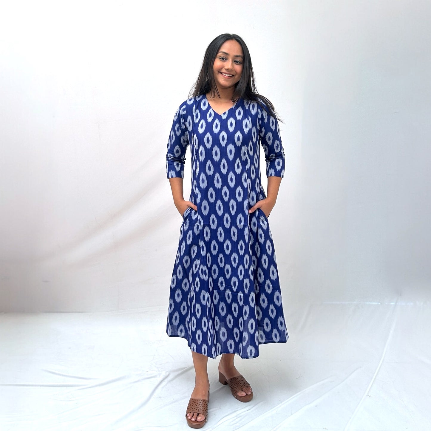 Mercerised Ikkat Blue Handloom Dress