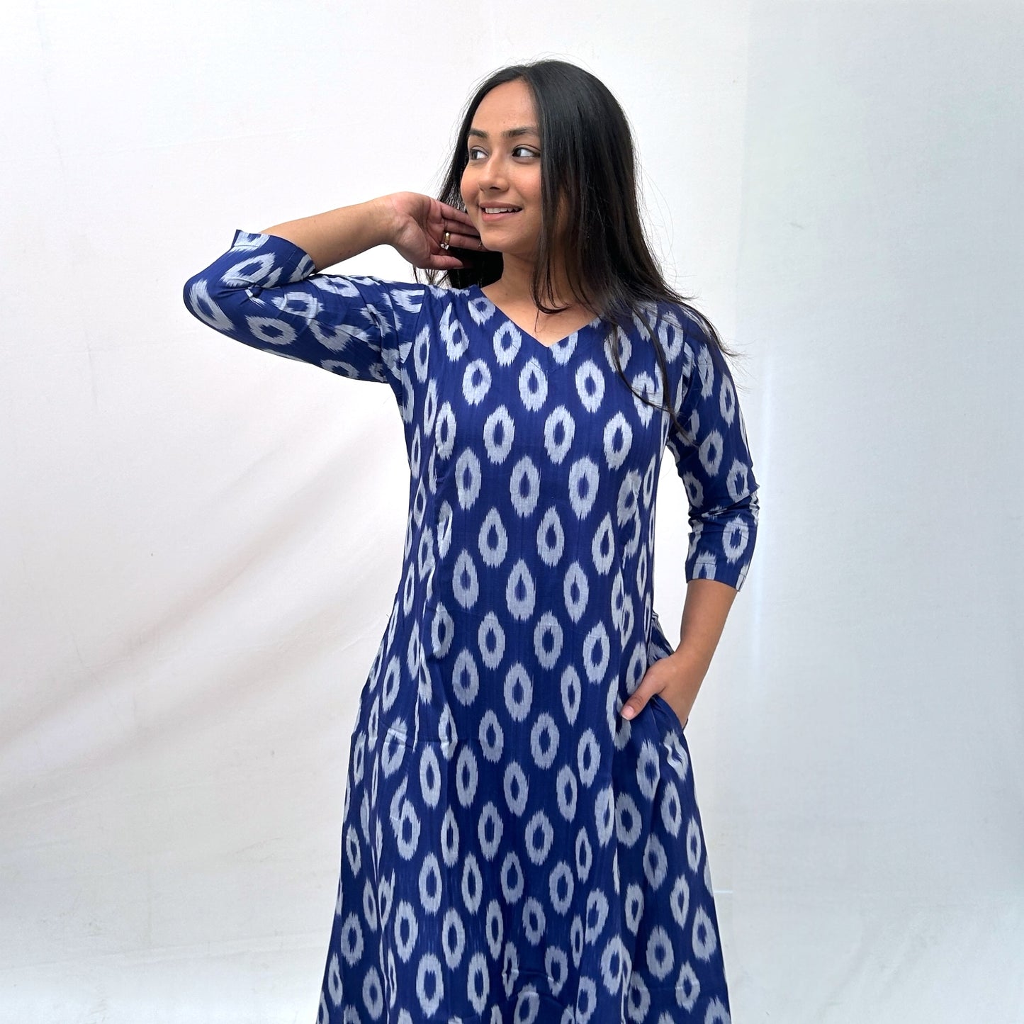 Mercerised Ikkat Blue Handloom Dress