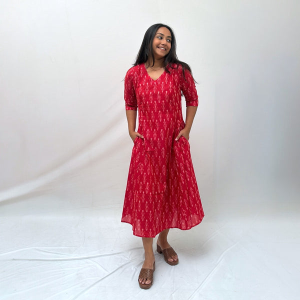 Mercerised Ikkat Red Handloom Dress