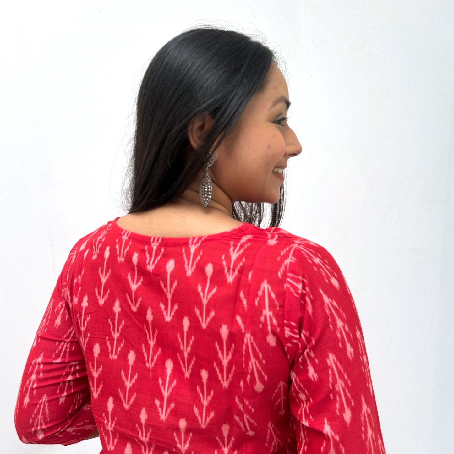 Mercerised Ikkat Red Handloom Dress