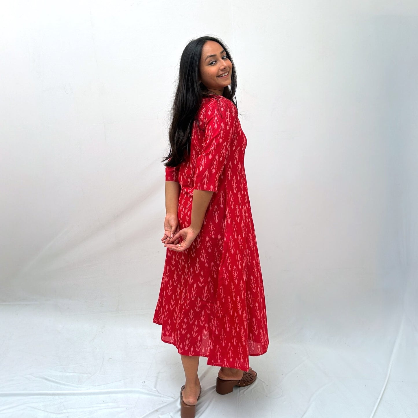 Mercerised Ikkat Red Handloom Dress