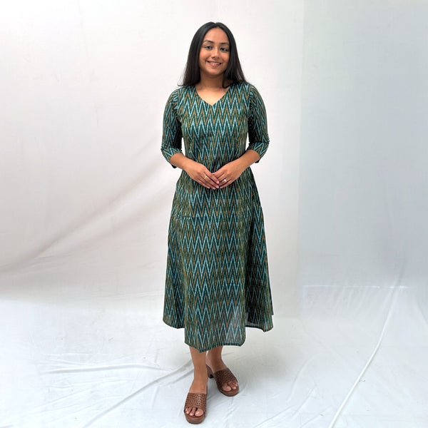 Mercerised Ikkat Green Handloom Dress