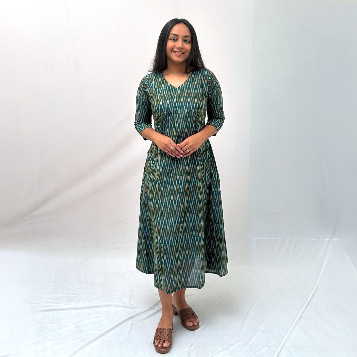Mercerised Ikkat Green Handloom Dress