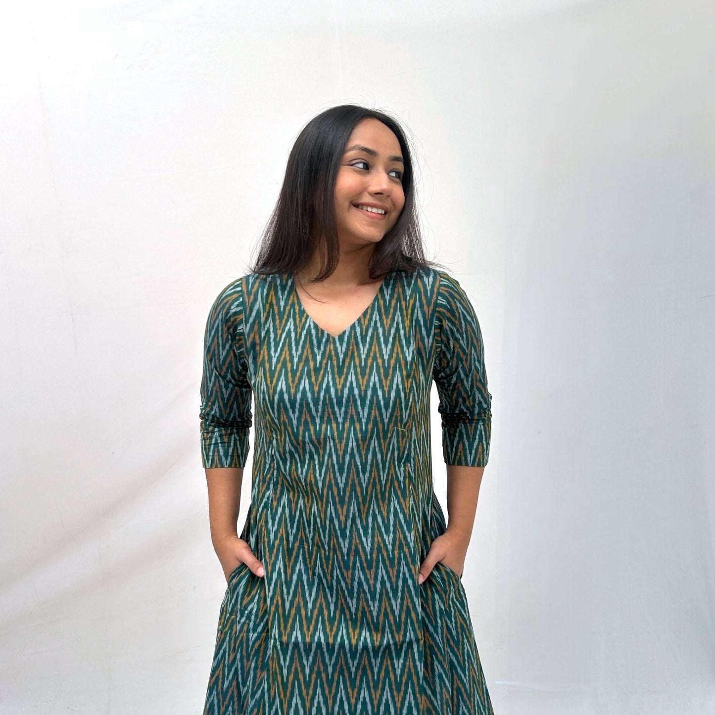 Mercerised Ikkat Green Handloom Dress