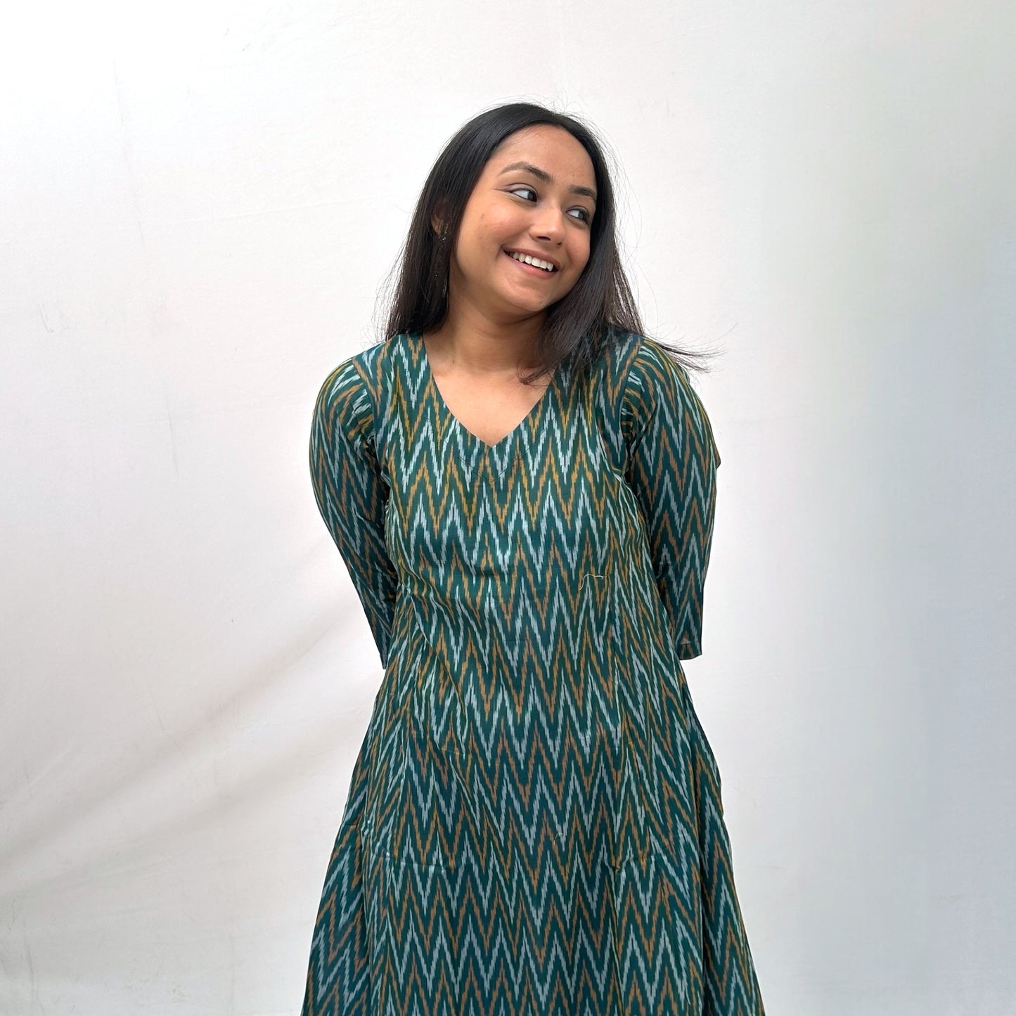 Mercerised Ikkat Green Handloom Dress