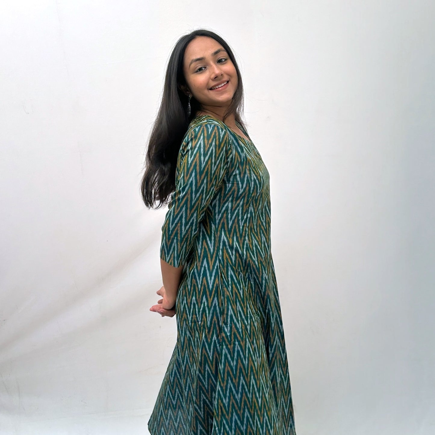 Mercerised Ikkat Green Handloom Dress
