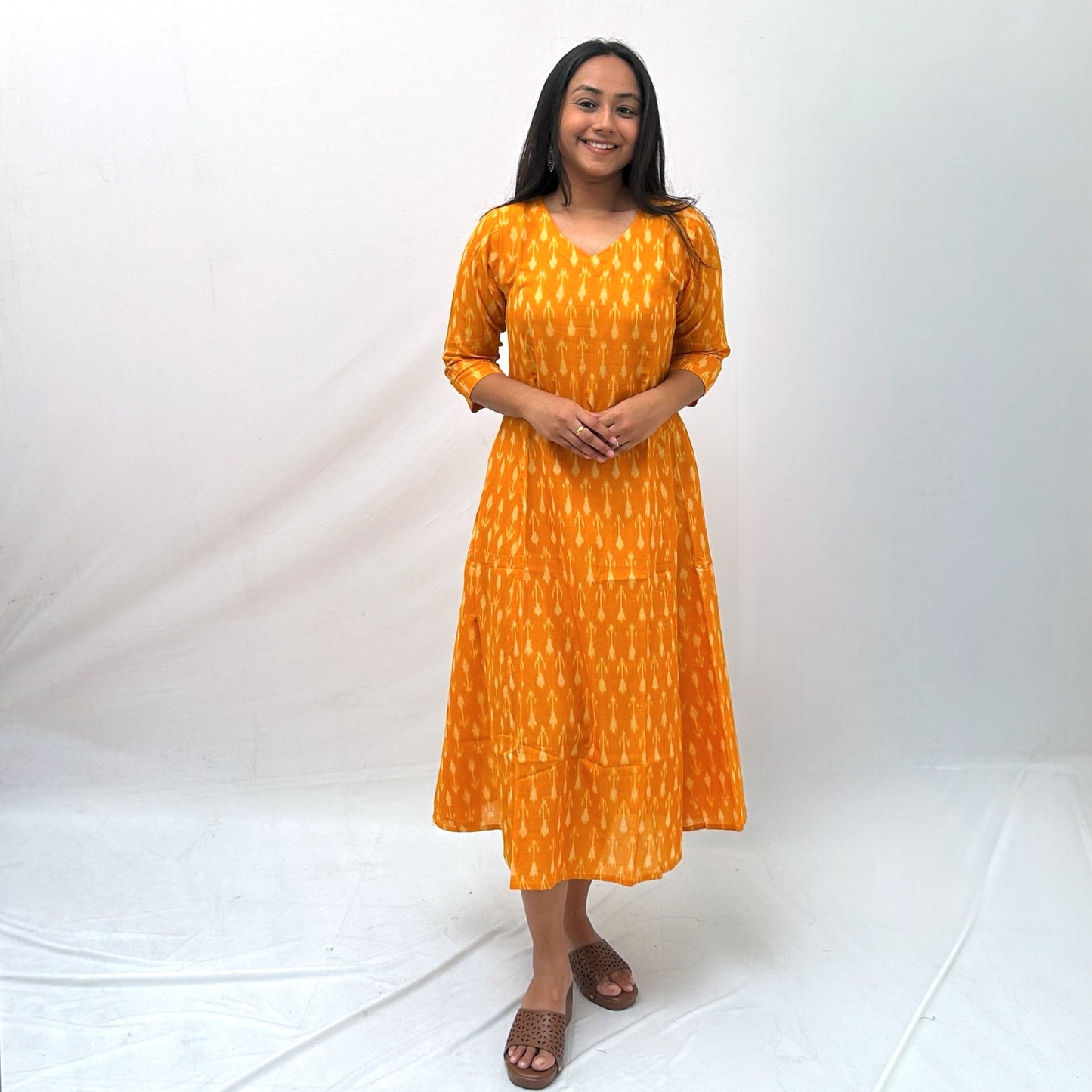 Mercerised Ikkat Yellow Handloom Dress