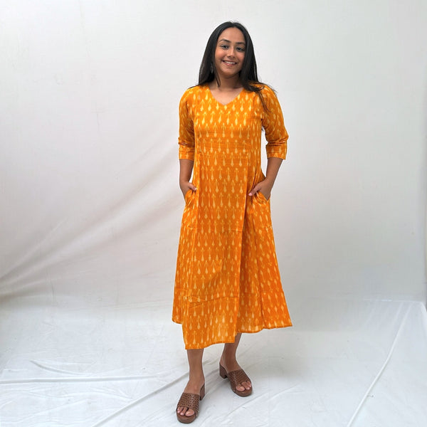 Mercerised Ikkat Yellow Handloom Dress