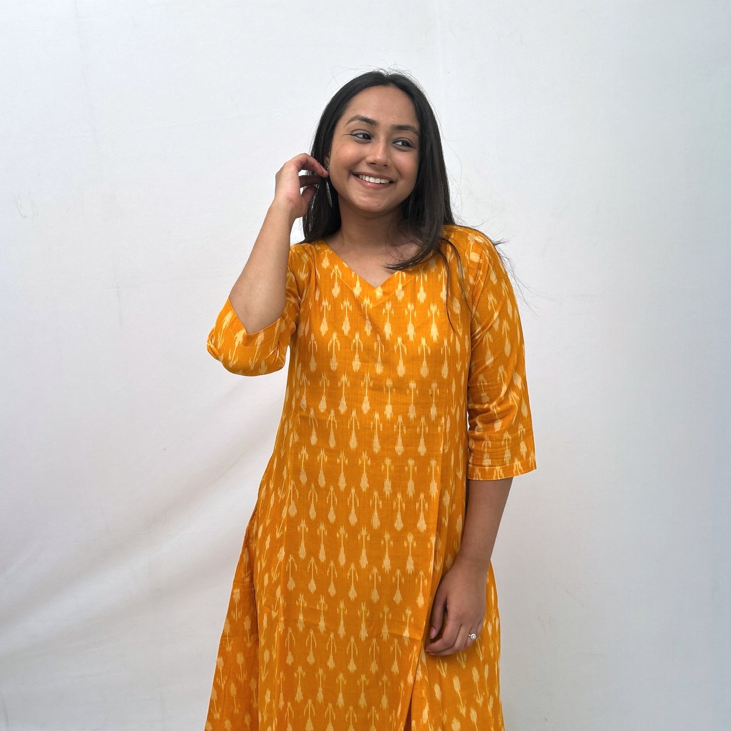 Mercerised Ikkat Yellow Handloom Dress