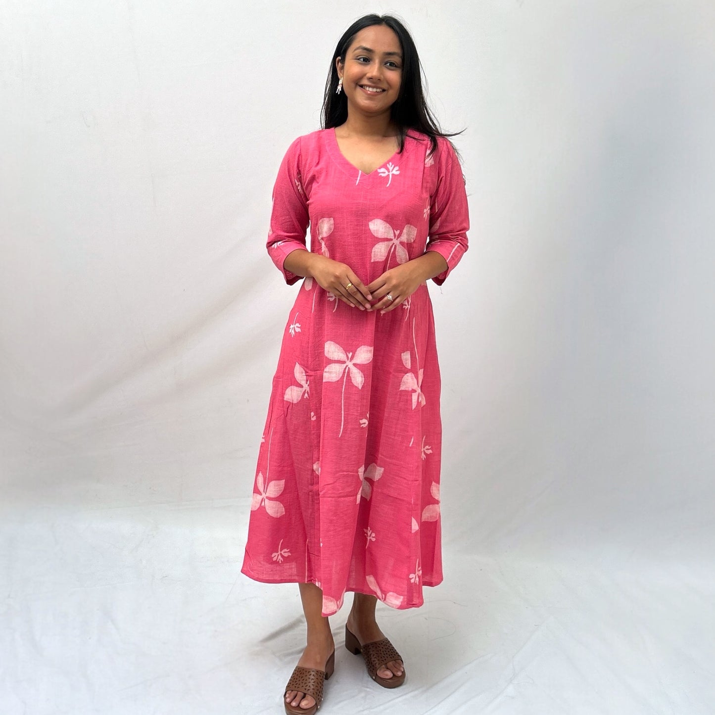 Dabu Pink Floral Hand Block Printed Dress