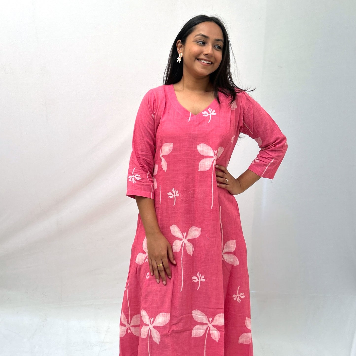 Dabu Pink Floral Hand Block Printed Dress