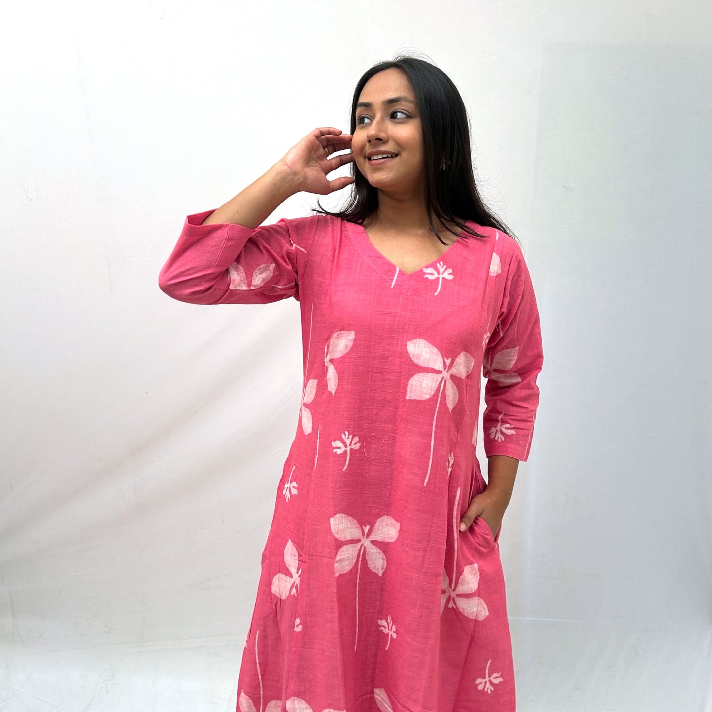 Dabu Pink Floral Hand Block Printed Dress