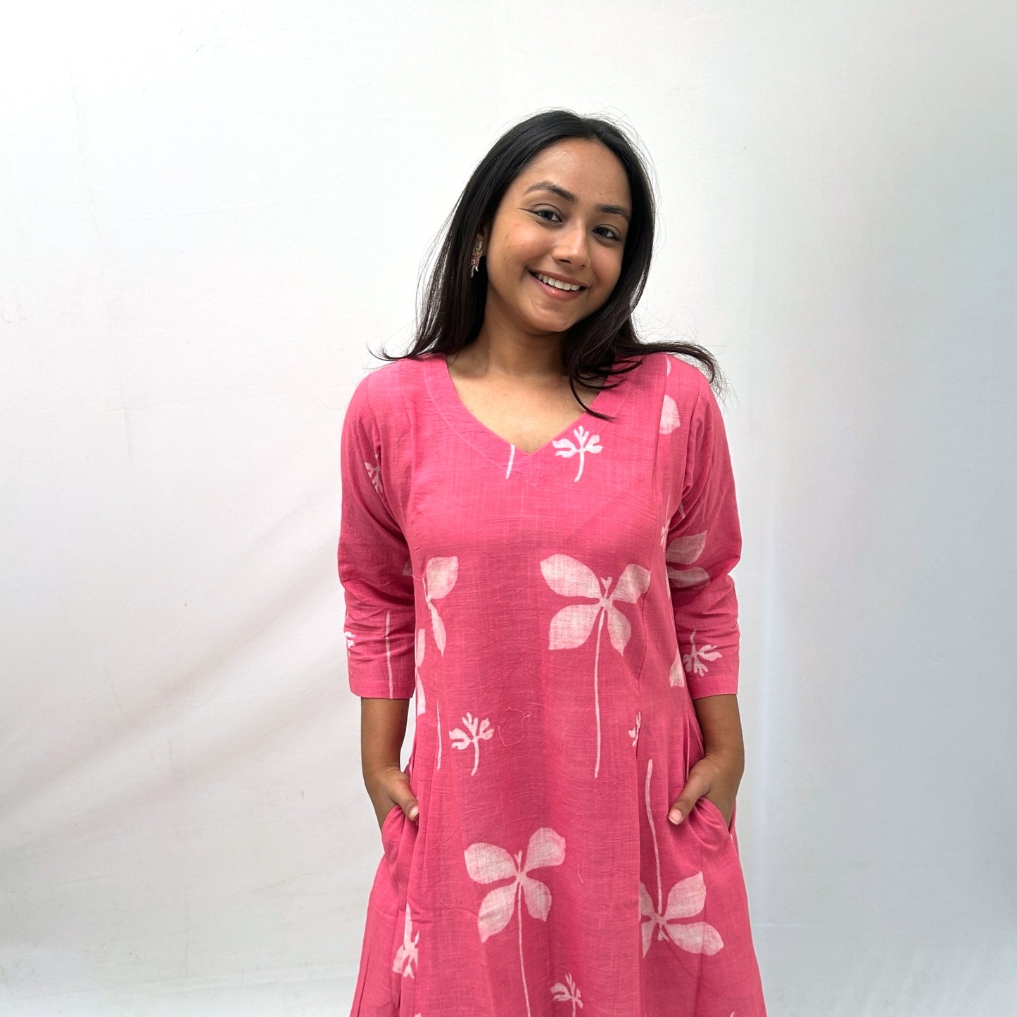 Dabu Pink Floral Hand Block Printed Dress