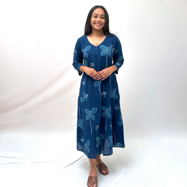 Dabu Blue Floral Hand Block Printed Dress