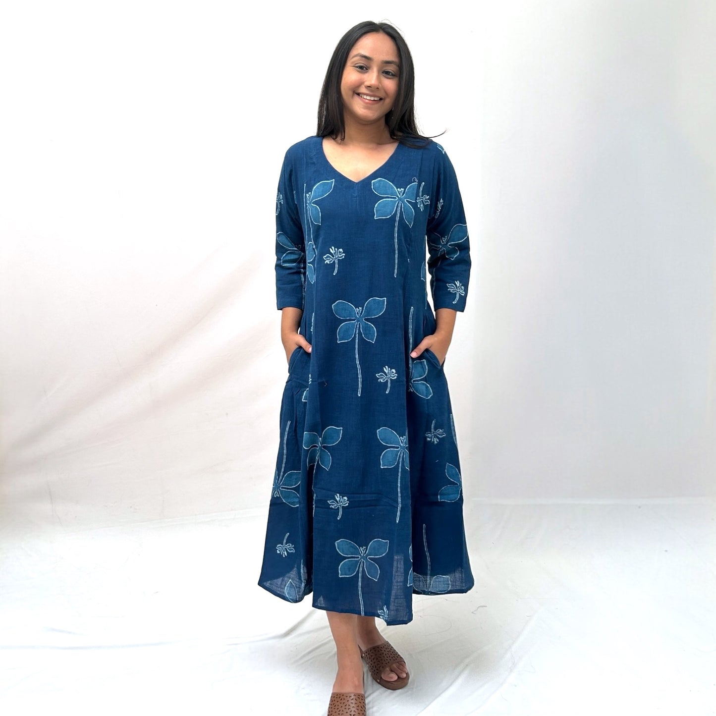 Dabu Blue Floral Hand Block Printed Dress