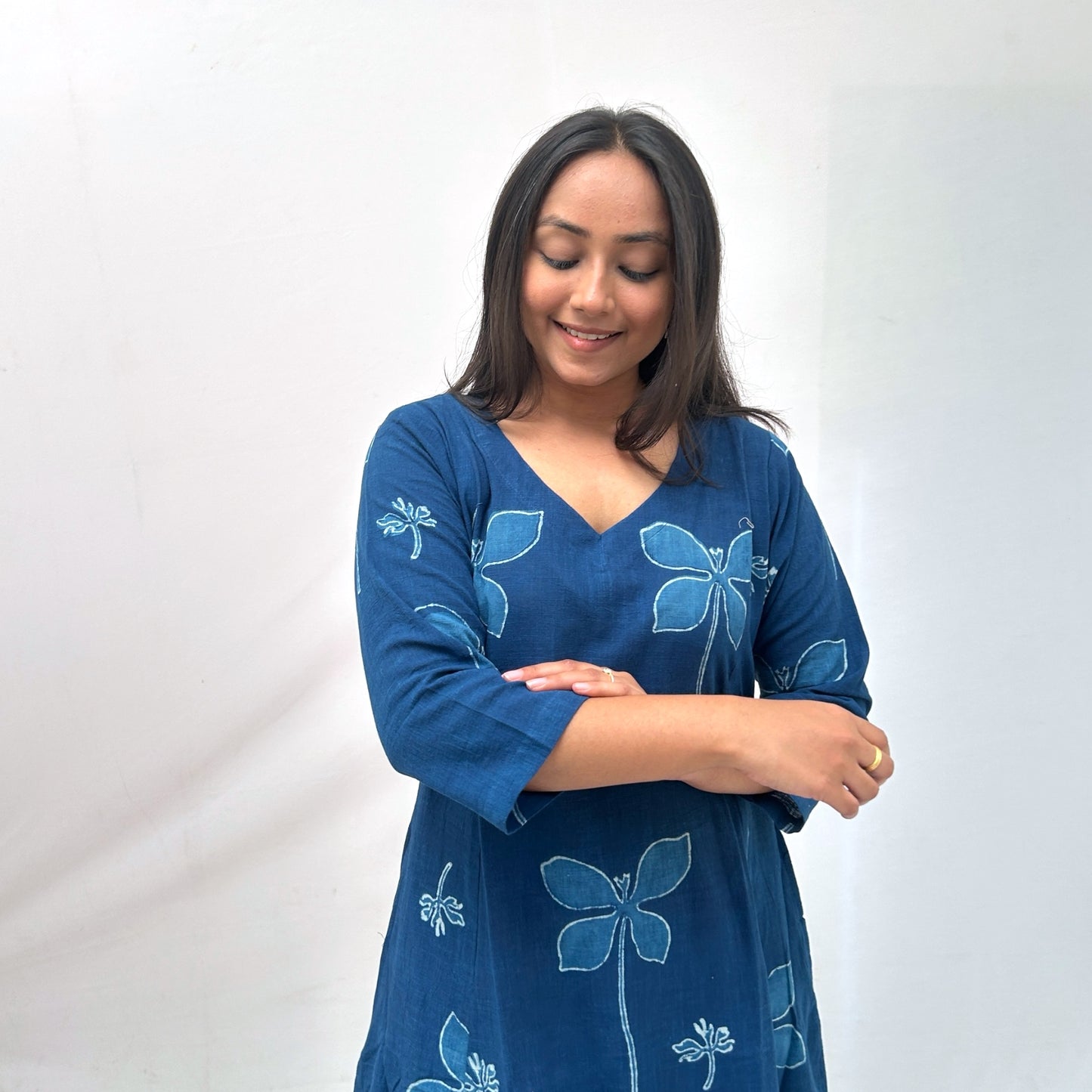 Dabu Blue Floral Hand Block Printed Dress