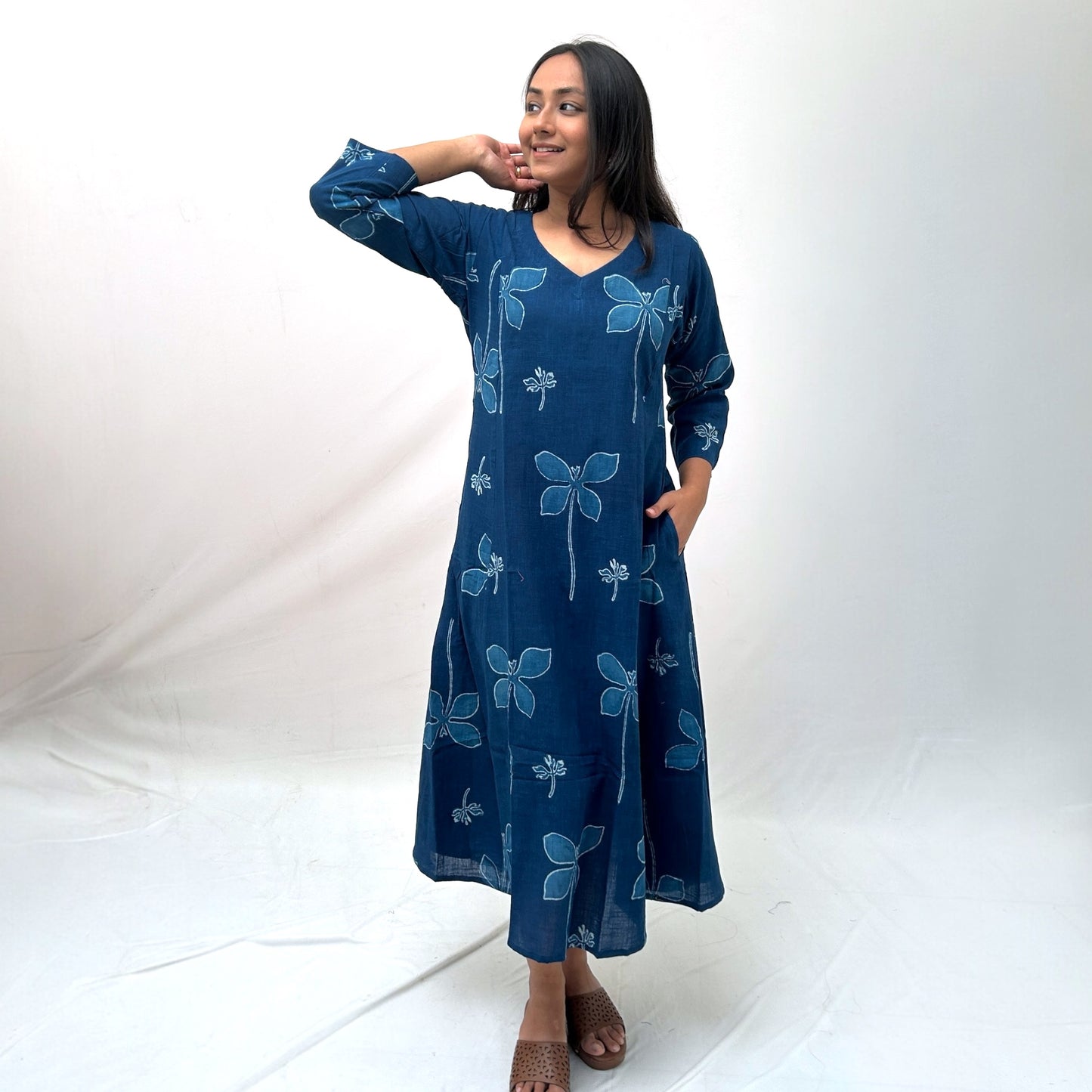 Dabu Blue Floral Hand Block Printed Dress