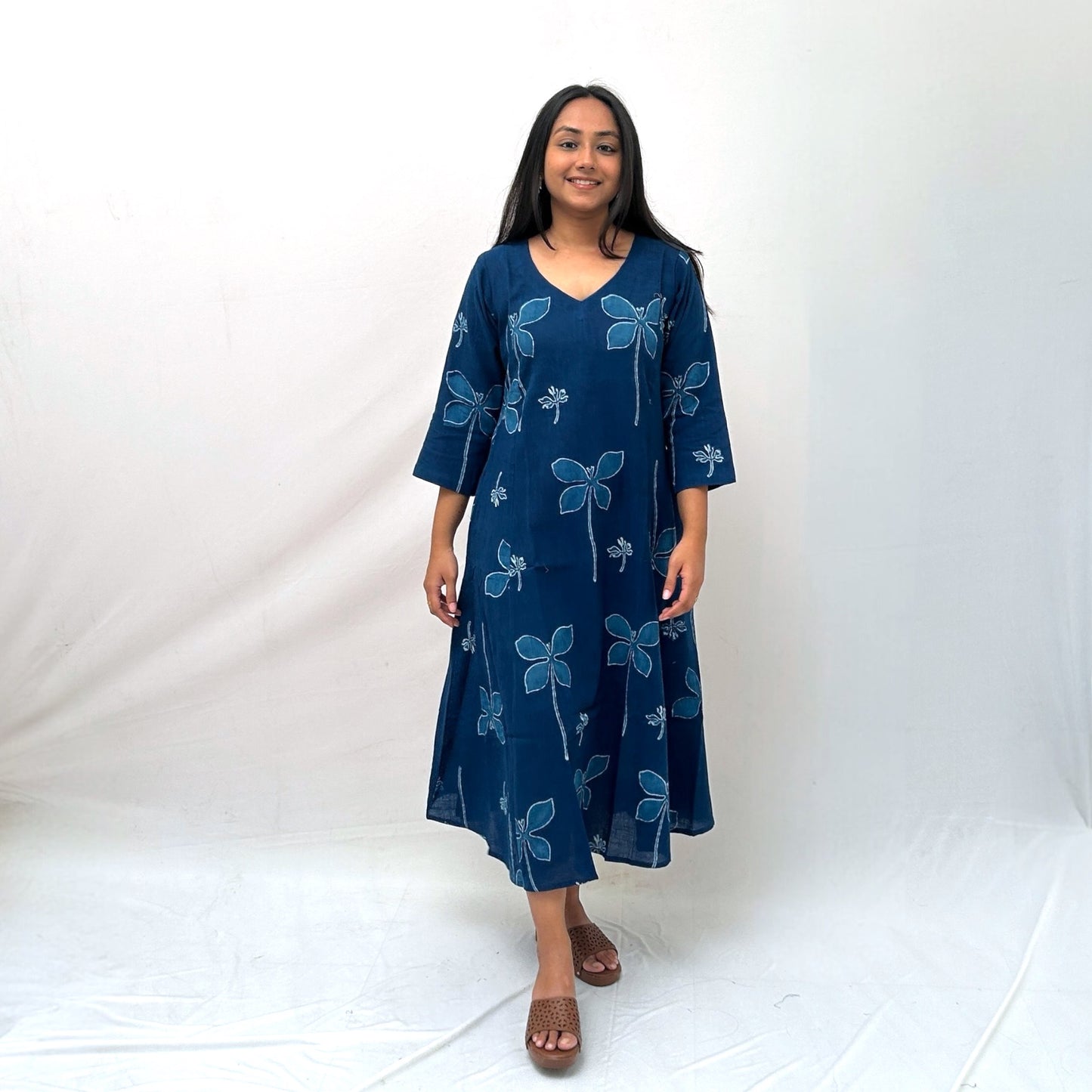 Dabu Blue Floral Hand Block Printed Dress
