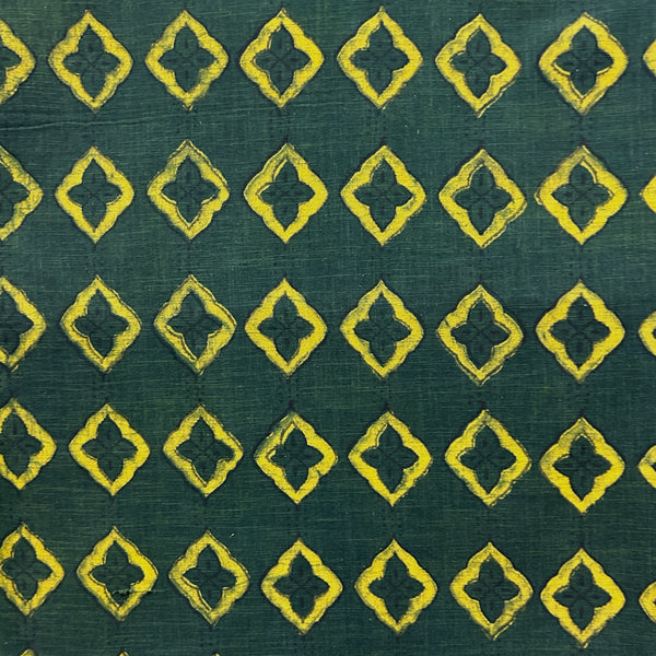 Dabu Green Slub Cotton  Geometric Hand Block Printed Fabric