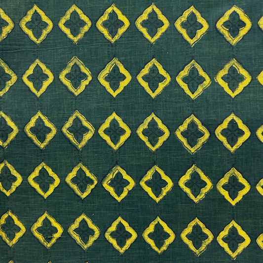 Dabu Green Slub Cotton  Geometric Hand Block Printed Fabric