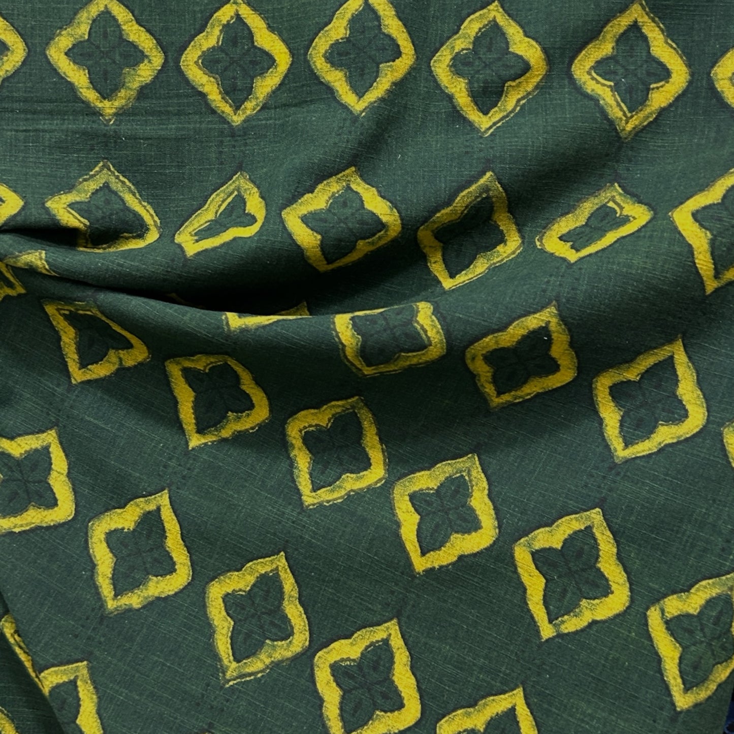 Dabu Green Slub Cotton  Geometric Hand Block Printed Fabric