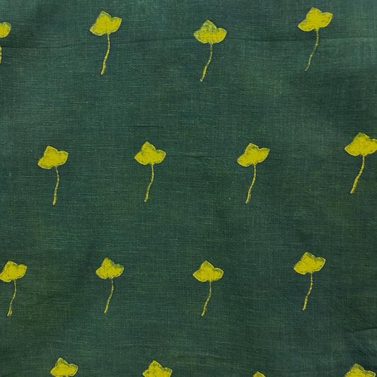 Dabu Green Slub Cotton  Floral Hand Block Printed Fabric