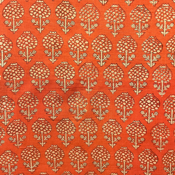 Dabu Orange Floral Slub Cotton Hand Block Printed Fabric