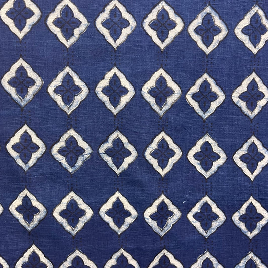 Dabu Blue Floral Slub Cotton Hand Block Printed Fabric