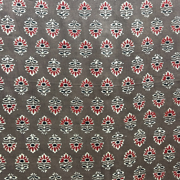 Modal Silk Ajrakh Brown Floral Hand Block Printed Fabric