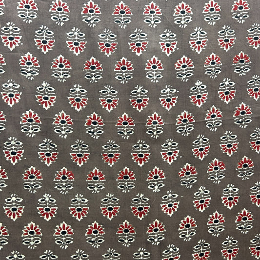 Modal Silk Ajrakh Brown Floral Hand Block Printed Fabric