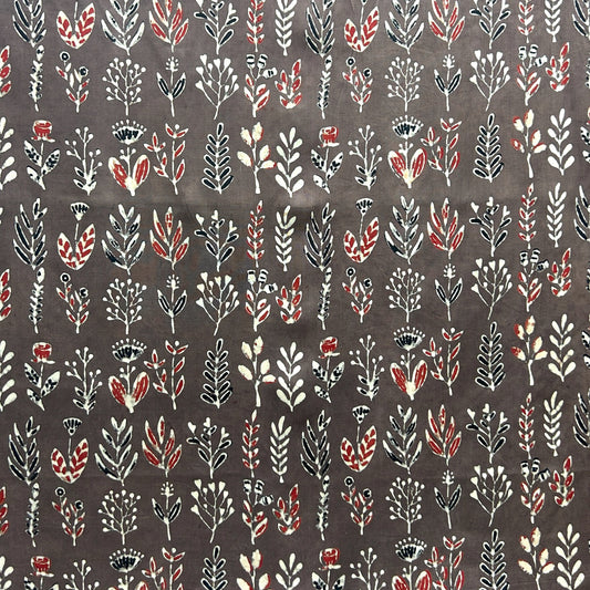Modal Silk Ajrakh Brown Floral Hand Block Printed Fabric